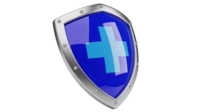 Blue shield with cross isolated PNG, protection and security concept for healthcare, antivirus, and medical services on transparent background - Powered by Adobe
