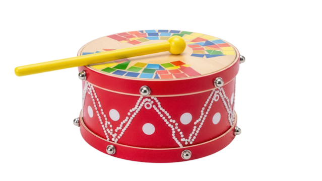 Red toy drum with yellow stick isolated PNG, musical instrument for kids on transparent background, percussion toy for children - Powered by Adobe