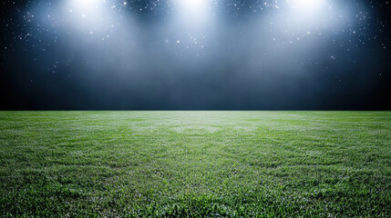 Night stadium field with bright spotlights and misty starry sky