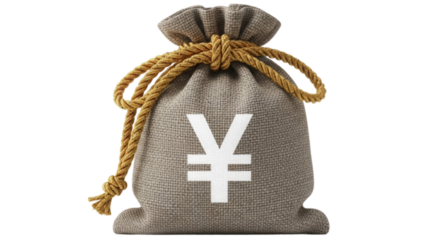 Gray burlap money bag with Yen symbol isolated PNG, financial savings and investment concept for business and personal finance on transparent background