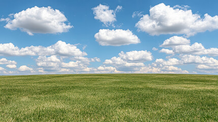 Green meadow under fluffy cloud sky, serene open field and bright blue horizon