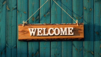 Warmly welcome guests with a rustic wooden sign against a vibrant teal backdrop, adding a touch of charm and hospitality to any space or project