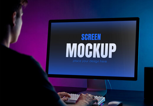 Screen Mockup Man Working At Computer In Dark Neon Room