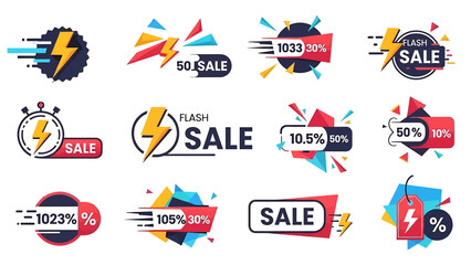 Flash sale labels and tags for retail promotions and marketing campaigns, graphic design elements for discount advertising