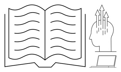 Knowledge concept. Open book, head with upward arrows growth, and laptop knowledge acquisition, education, skills development, and analysis. For learning tools, study materials digital education