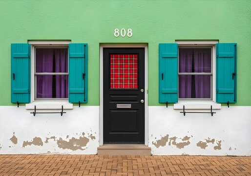 Charming facade of colorful house with windows and shutters and striking front door with plaid insert creating a vibrant and welcoming architectural composition