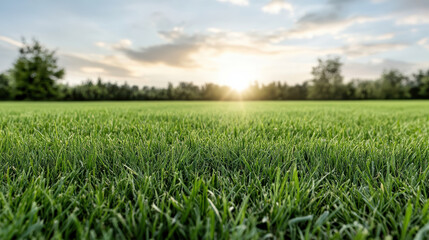 Green grass field sunrise with soft glowing sunlight and distant tree line