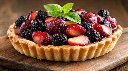 Fresh mixed berry tart with glossy strawberries and blackberries, garnished with mint