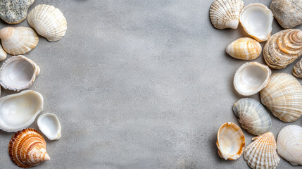 Seashell shell gray concrete beach background with empty center space, calm coastal mood