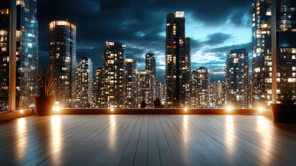 Fototapeta premium Rooftop skyline glow modern cityscape at night with warm lights and reflective terrace