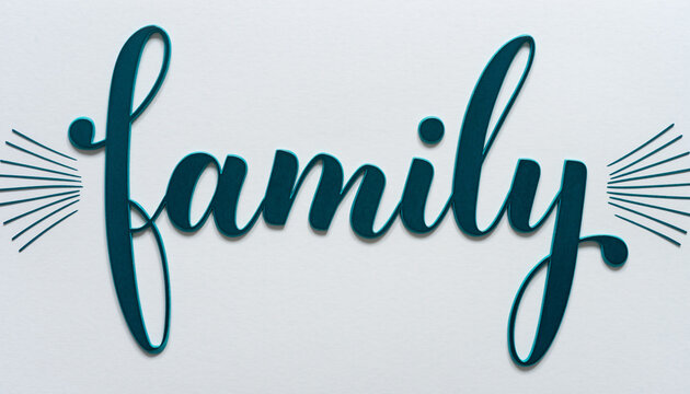 Elegant teal calligraphy script spelling family with subtle radiating lines on clean background
