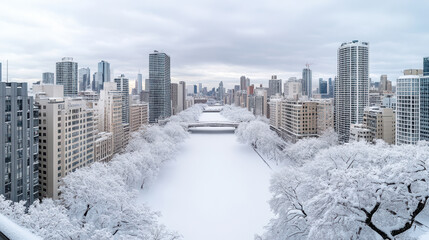 Snowy river skyline winter cityscape serene urban winter scene with snow covered trees