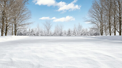 Fototapeta premium Snowy field with bare trees and blue sky, peaceful winter landscape scene