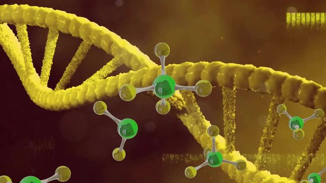 A yellow DNA strand is surrounded by several green multiarmed chemical molecules The backdrop is a dim brown hue