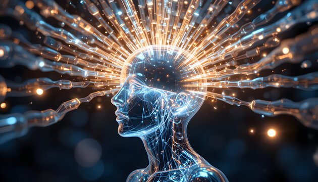Stunning profile of illuminated humanoid mind processing massive data streams with vibrant energy transfer and futuristic neural connections
