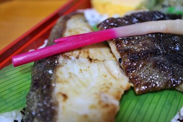 Gindara saikyoyaki (grilled sablefish with Saikyo white miso) bento box purchased at a supermarket in Tokyo, Japan