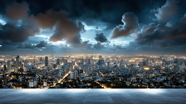 City skyline night skyline dramatic cloudscape glowing city lights panoramic rooftop view
