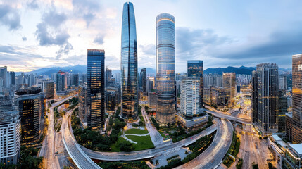 Modern skyline dusk with glass skyscraper towers and curved highways creating dramatic city