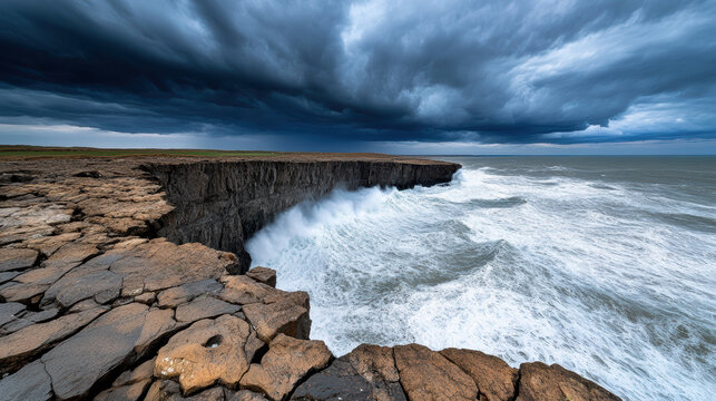 Dramatic coastal cliff storm clouds and crashing waves evoke power and tension