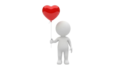 3D rendering of a small white character holding a red heart balloon isolated PNG, love and celebration concept for graphic design