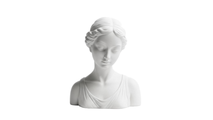 Elegant white bust of a woman isolated PNG, classical sculpture on transparent background for design and artistic projects