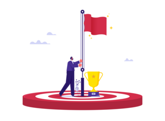 Business achievement or determination for career success concept, cheerful businessman winner raising flag on big target