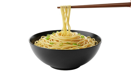 Delicious noodles with green onions in a black bowl isolated on transparent background, Asian cuisine PNG for restaurant menu design