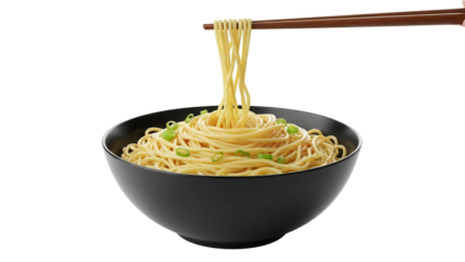 Delicious noodles with green onions in a black bowl isolated on transparent background, Asian cuisine PNG for restaurant menu design
