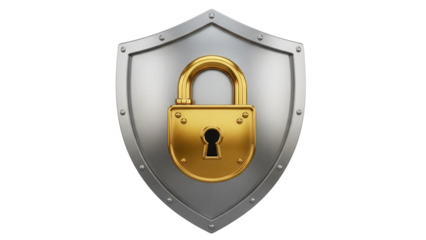 Golden padlock on silver shield isolated PNG, security and protection concept for graphic design and web elements on transparent background