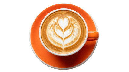 Latte art in orange cup isolated on transparent background, coffee drink with heart design for cafe menu and beverage concepts PNG