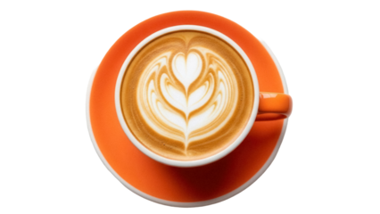 Latte art in orange cup isolated on transparent background, coffee drink with heart design for cafe menu and beverage concepts PNG