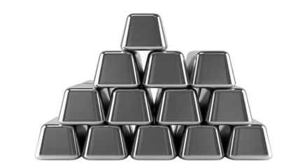 Stack of shiny silver bars isolated PNG, precious metal ingots piled up on transparent background, wealth and investment concept