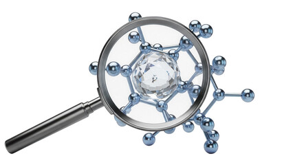 Magnifying glass over molecule isolated PNG on transparent background, science research and medical...