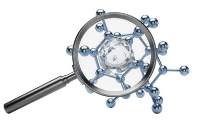 Magnifying glass over molecule isolated PNG on transparent background, science research and medical discovery concept