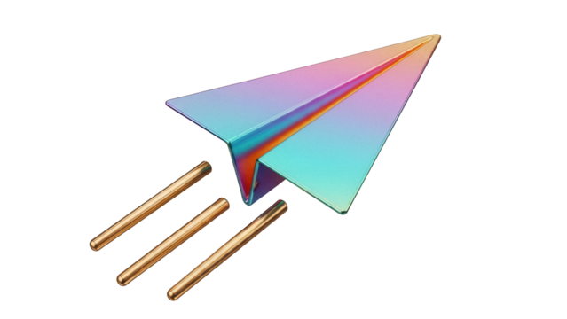 Holographic paper airplane PNG isolated on transparent background, colorful origami jet with golden trails for travel and technology concepts
