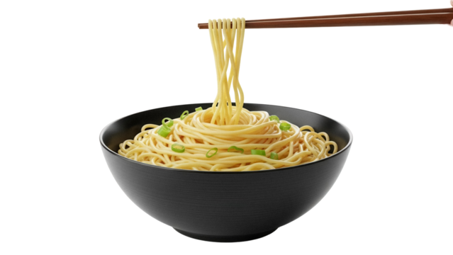Delicious noodles with green onions in a black bowl isolated on transparent background, Asian cuisine PNG for restaurant menu design - Powered by Adobe