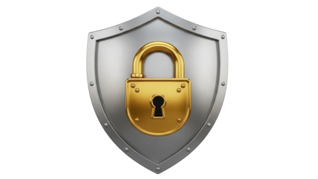 Golden padlock on silver shield isolated PNG, security and protection concept for graphic design and web elements on transparent background