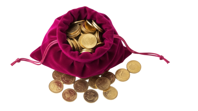 Gold coins in a velvet pouch PNG isolated, treasure and wealth concept for finance and investment themes, on transparent background - Powered by Adobe