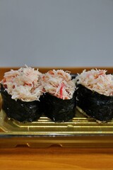 Snow crab nigirizushi purchased at a supermarket in Tokyo, Japan