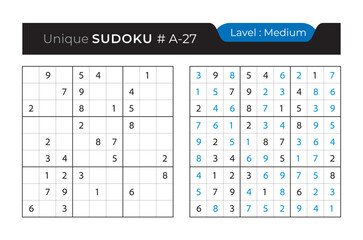 Sudoku puzzle with answer. Vector puzzle game with numbers for kids and adults. 9x9 sudoku Illustration on white background.