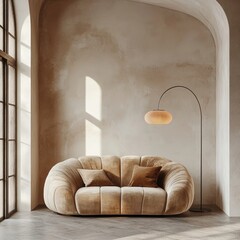 Minimalist home interior design of modern living room. Beige velvet sofa and floor lamp against wall with copy space, Generative AI