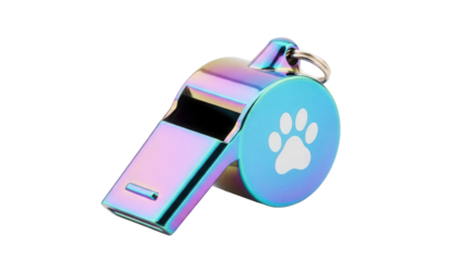 Iridescent dog whistle with paw print isolated PNG, pet training tool for obedience and safety on transparent background