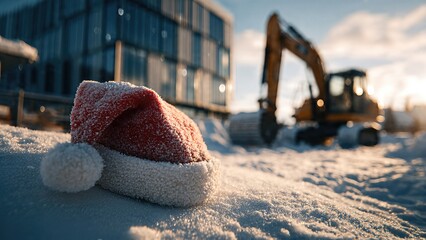 A red Christmas Santa hat lying on snowy ground at an active construction site during a colorful winter sunset