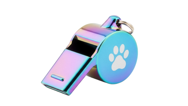 Iridescent dog whistle with paw print isolated PNG, pet training tool for obedience and safety on transparent background