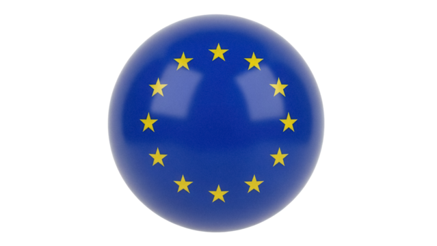 European Union flag sphere PNG isolated on transparent background, EU symbol with yellow stars on blue, political and geographic representation