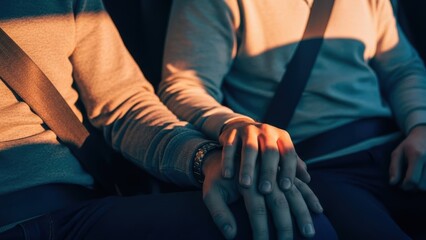 Man and woman holding hands in a car, symbolizing safety, support, togetherness, and travel. Relationship and journey concept.