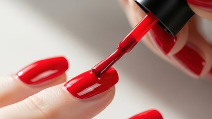 Woman applying red nail polish to her fingernail with a brush. Manicure process and beauty salon concept. Decorative art for nails.