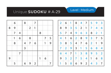 Sudoku puzzle with answer. Vector puzzle game with numbers for kids and adults. 9x9 sudoku Illustration on white background.