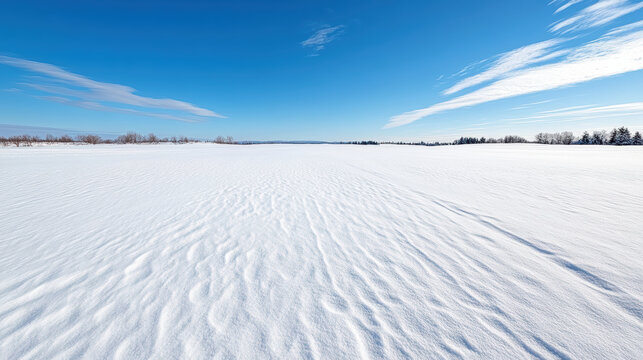 Fototapeta Snow field winter landscape blue sky horizon line open field snow texture cold weather clear day
