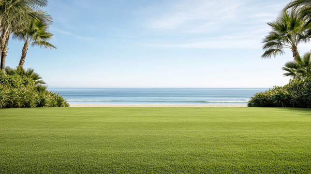 Green lawn facing calm ocean horizon with palm trees framing peaceful coastal scene